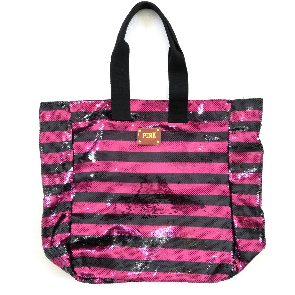 VS PINK Bling Stripe Tote Bag Logo Patch sequins